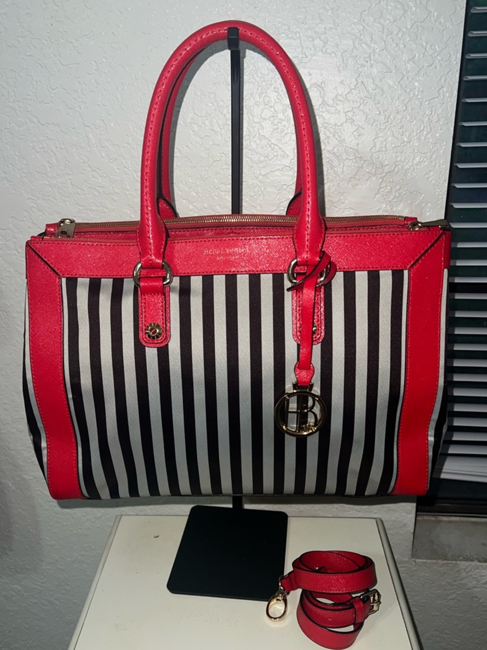 Henri Bendel Striped Tote Handbag with Red Trim